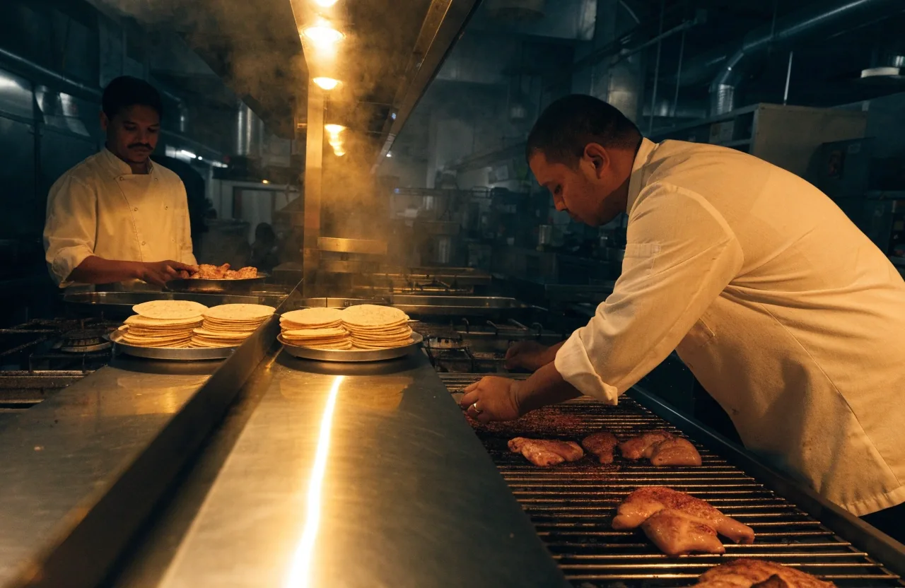 Cooks working along a dark made-to-order line under warm lamps