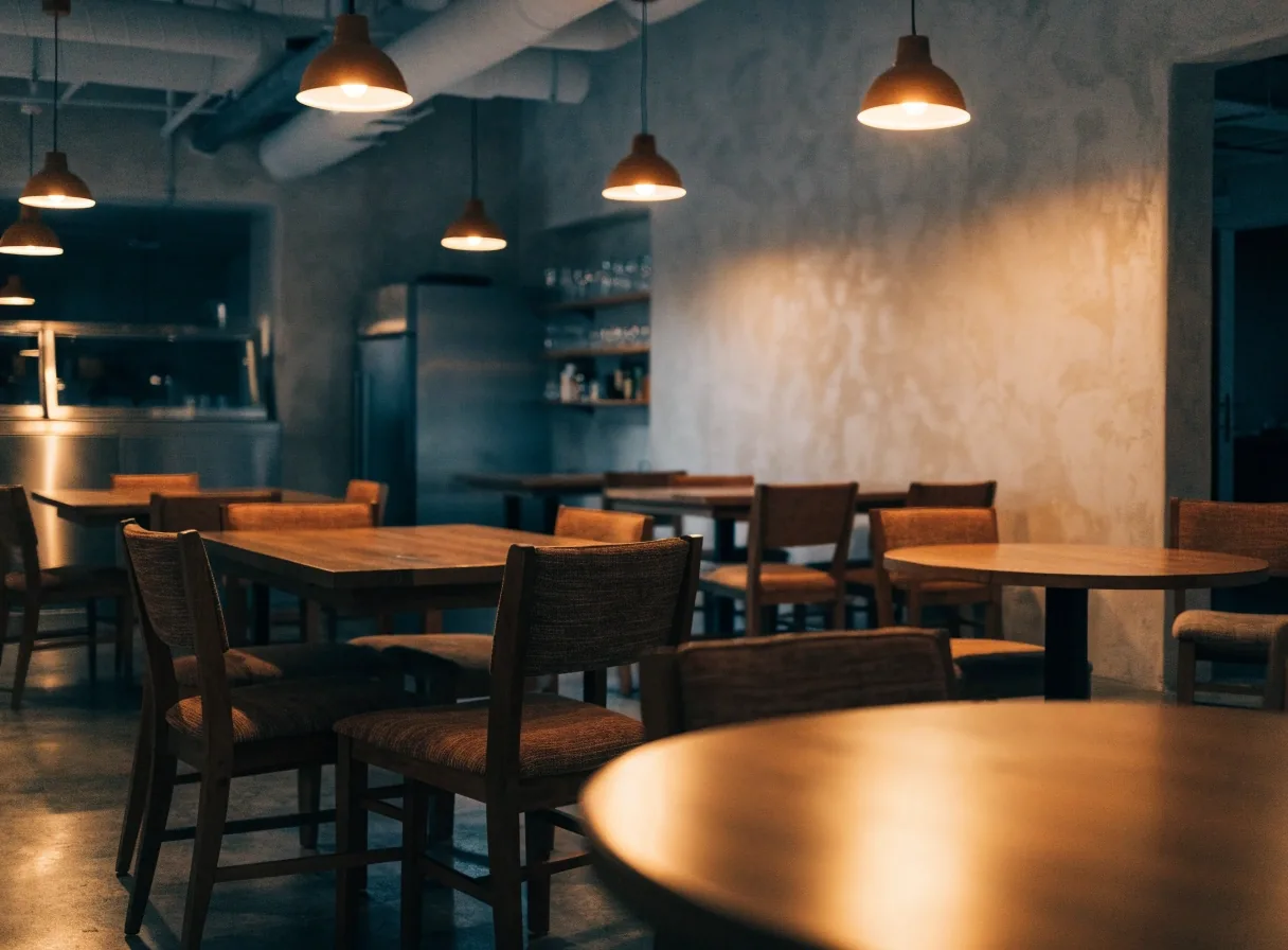 Empty dining room with warm pendant lights waiting for guests