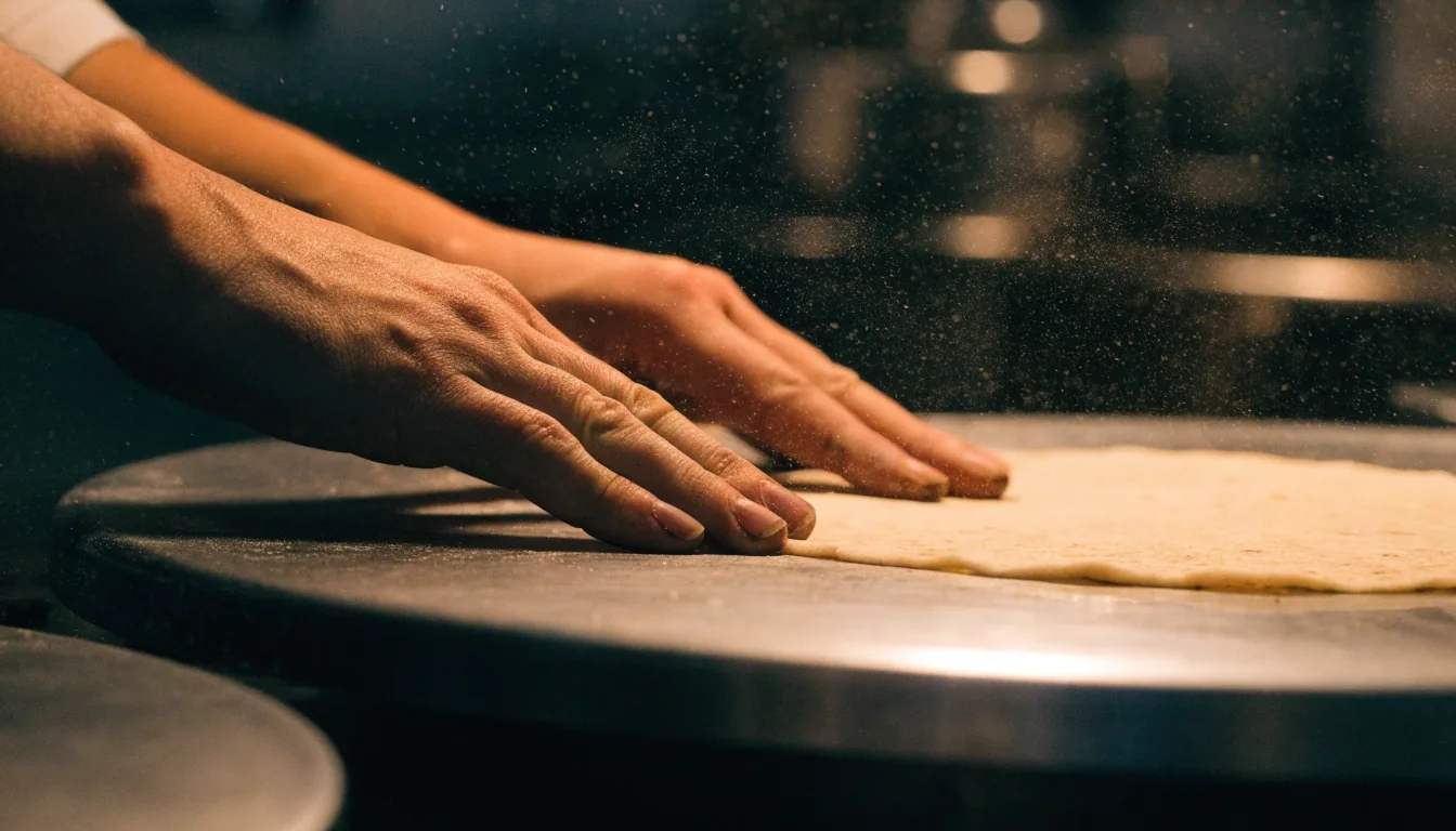 Hands pressing a fresh tortilla on a hot press in a dark kitchen