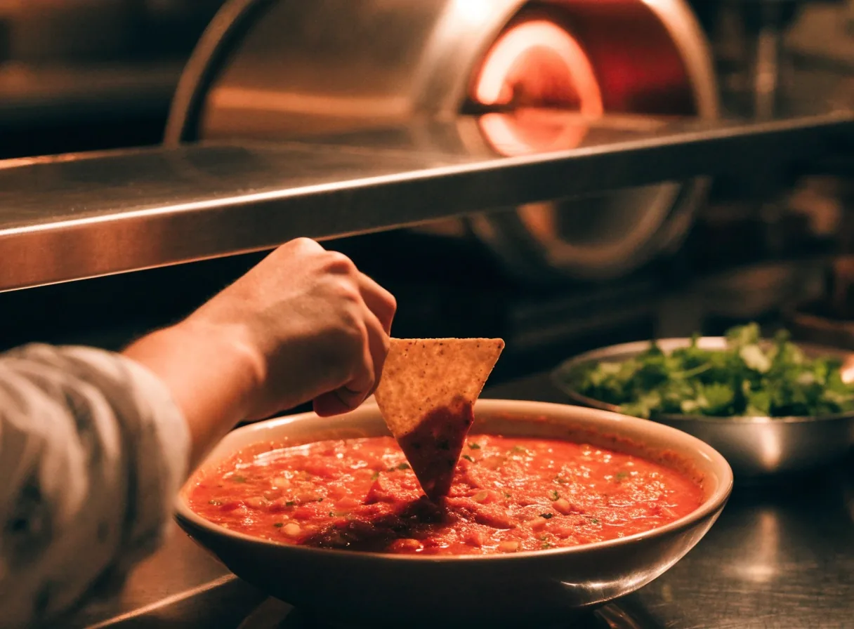 Small salsa bowls arranged in a tight grid on a dark counter