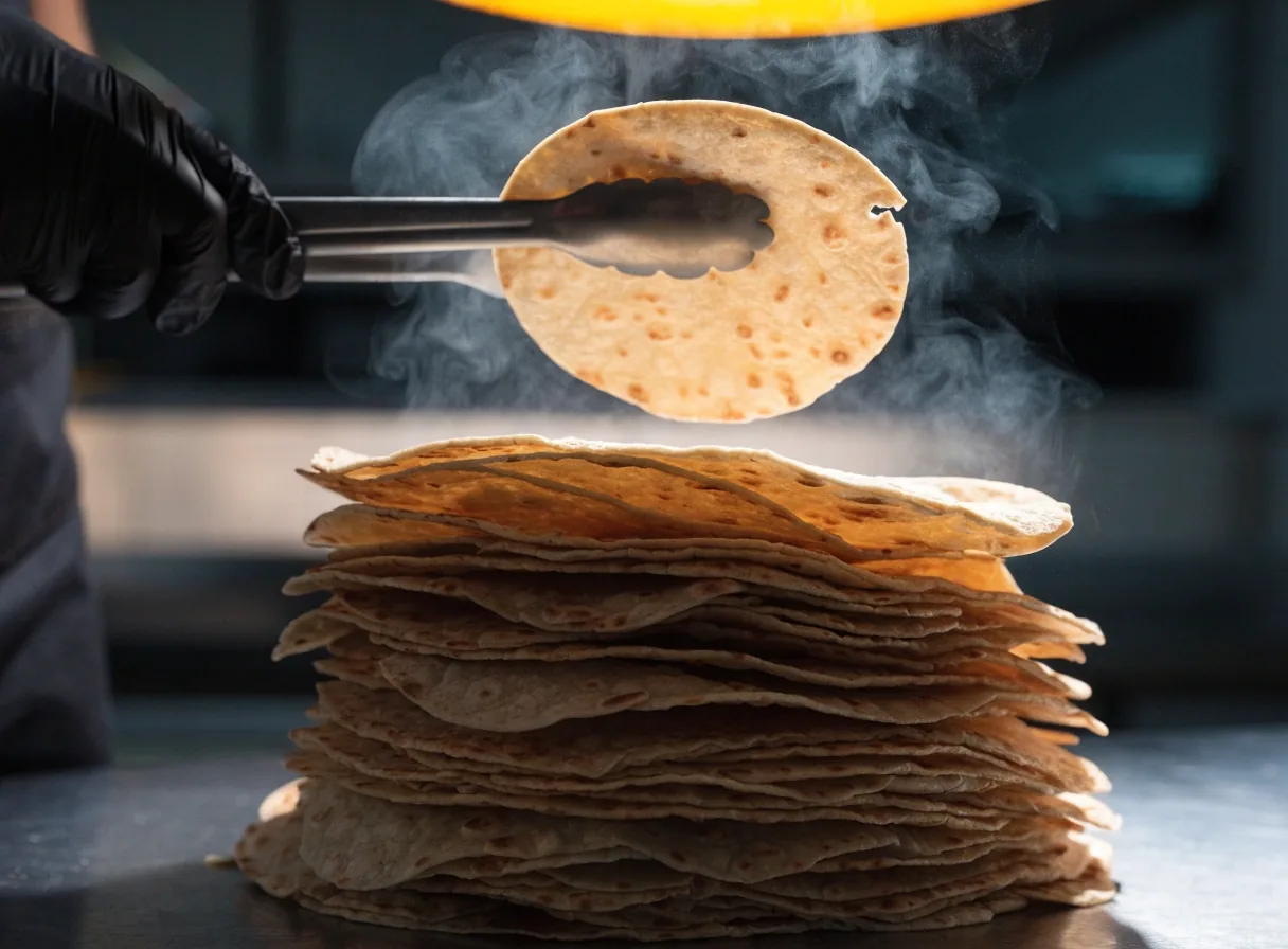 Stack of warm flour tortillas under a heat lamp