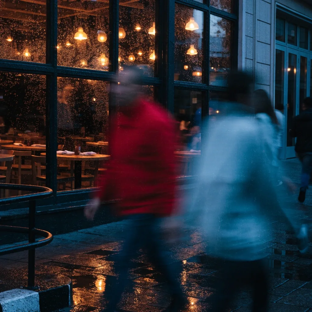Warm restaurant interior glowing through glass on a wet night street