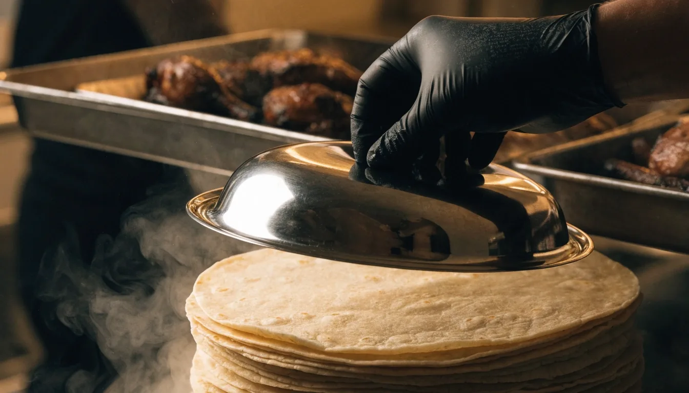 Catering trays with steam under warm light
