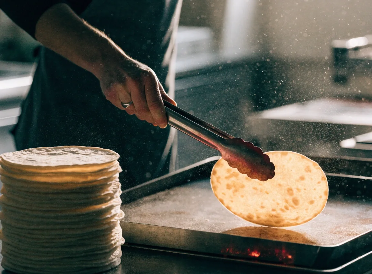 Hands pressing fresh flour tortillas