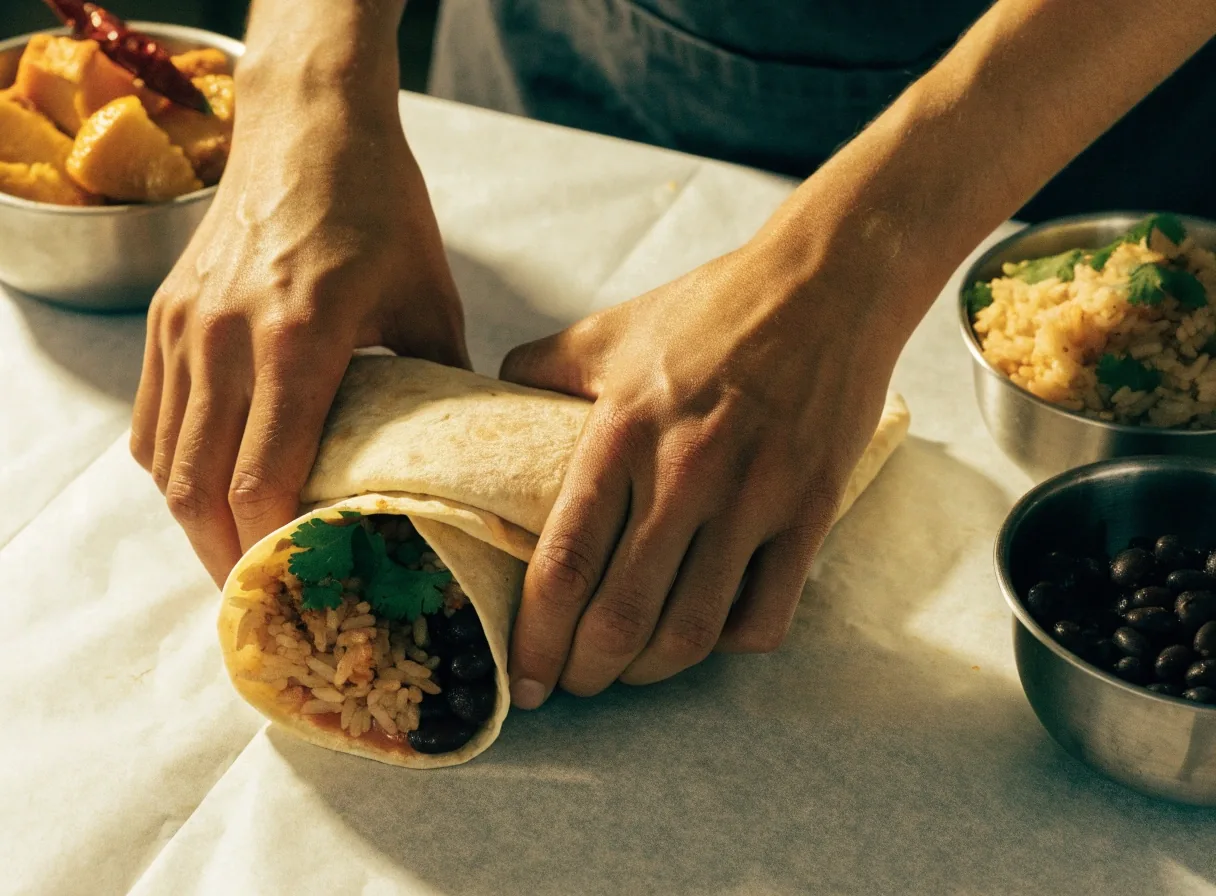 Hands rolling burritos with fillings nearby
