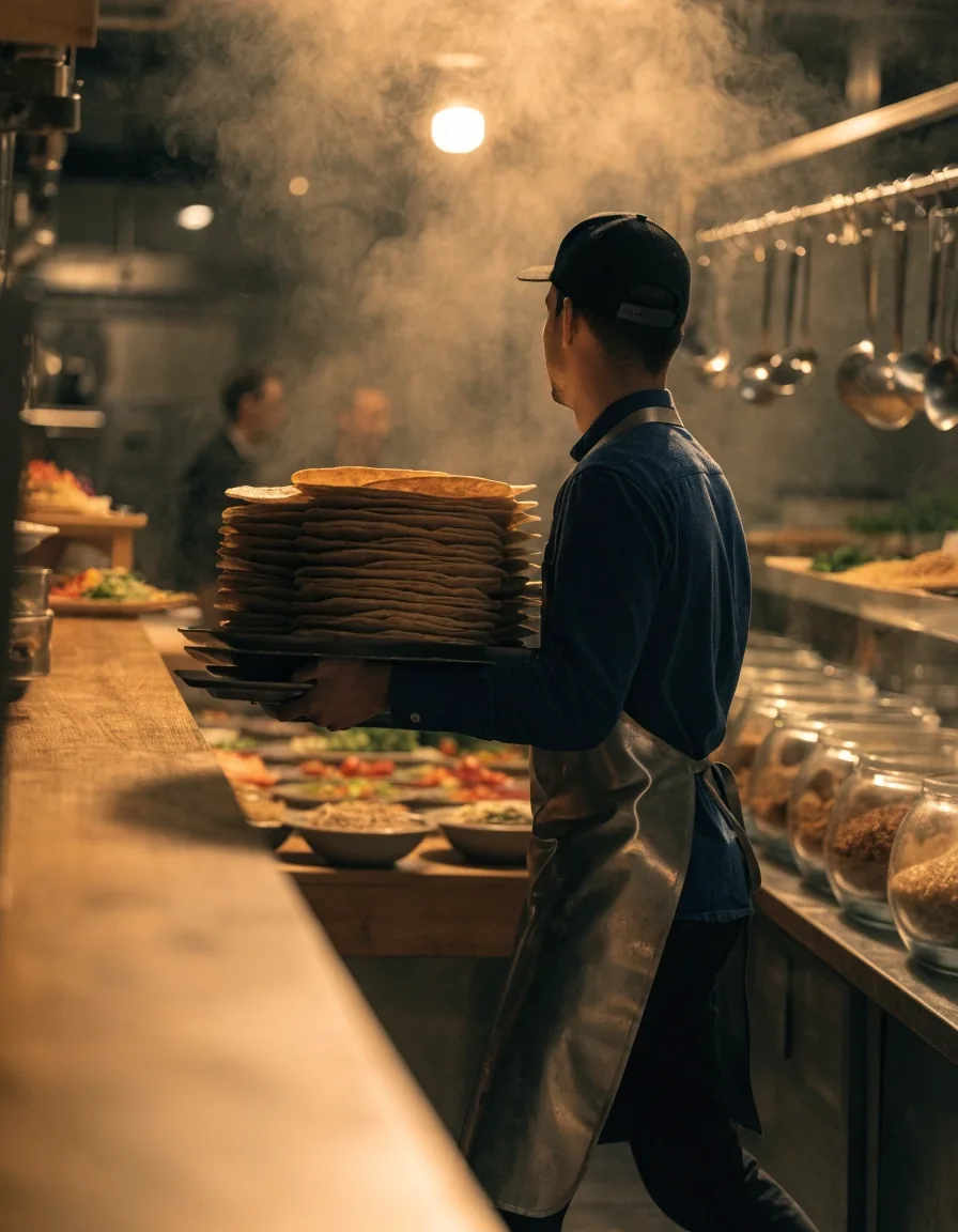 Made-to-order line with staff and warm lamps