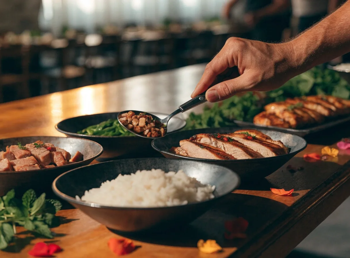 Rice bowls with grilled meats and toppings