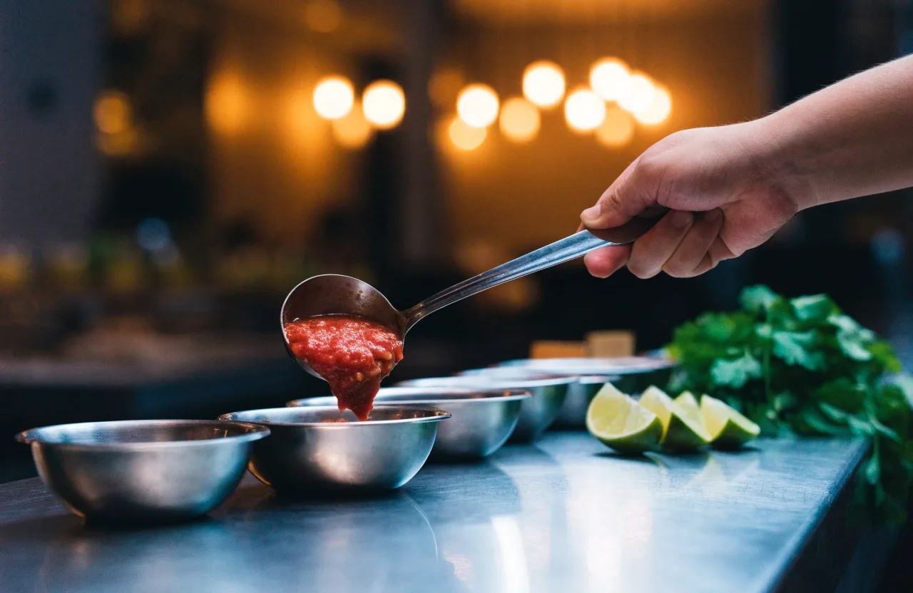 Salsa bowls on a cool-lit counter with warm light behind