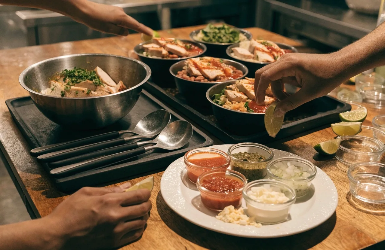 Catering trays of burritos and bowls under a warm lamp