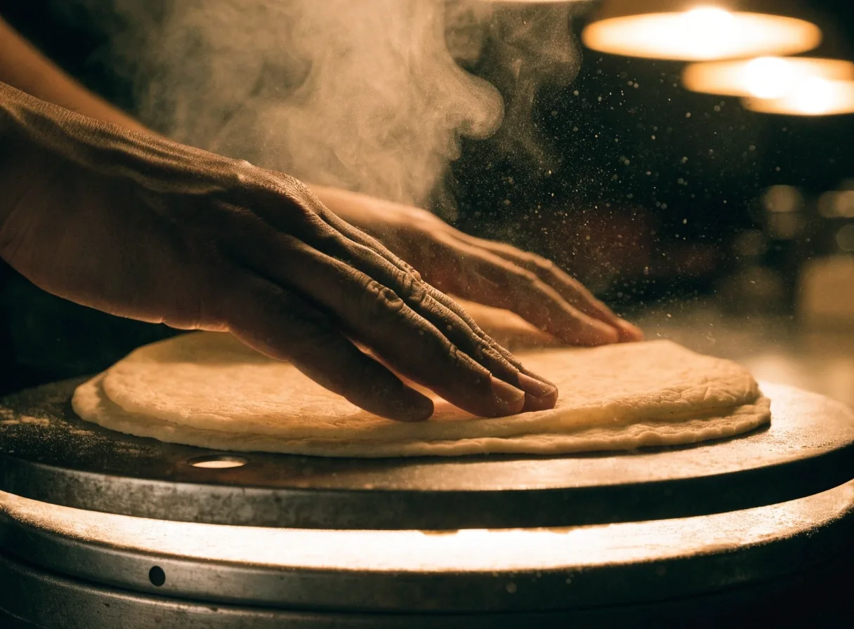 Hands pressing fresh tortillas under warm kitchen lamps