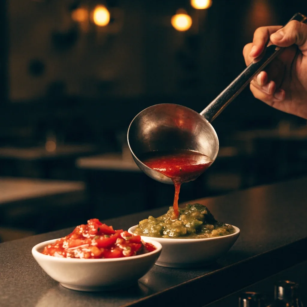 Salsa bowls on a dark counter with a hand holding a ladle