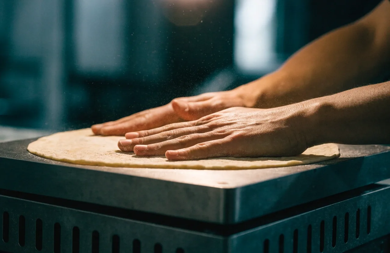 Hands pressing a fresh tortilla under warm kitchen light