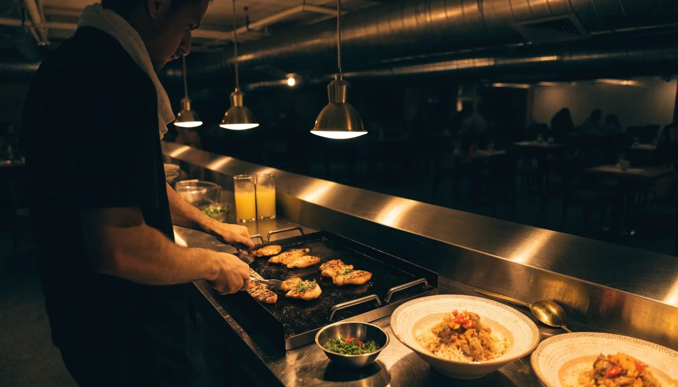 Made-to-order line at night with staff at the grill