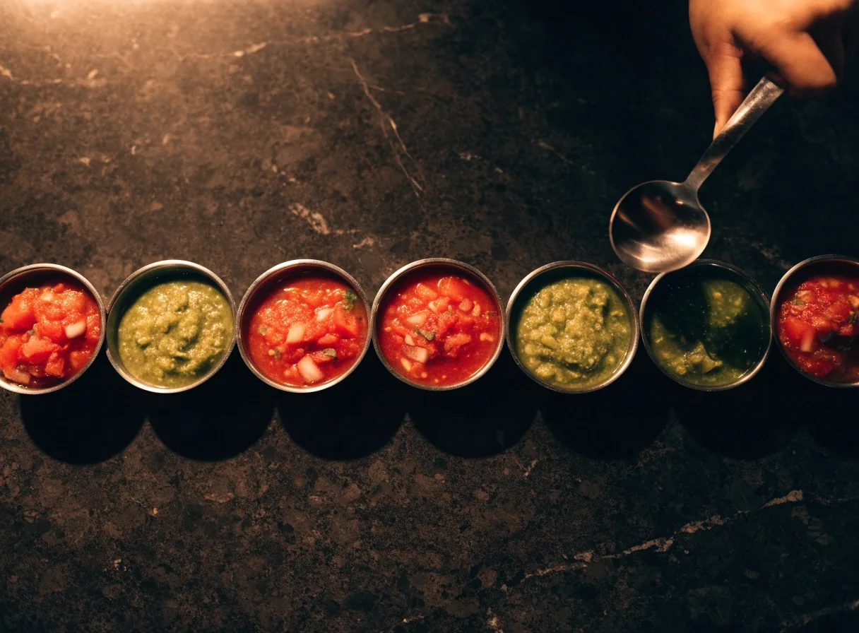 Salsa bowls lined on a dark counter with a hand and ladle