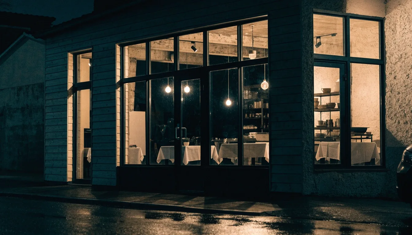 Storefront glowing warm at night with wet pavement reflections