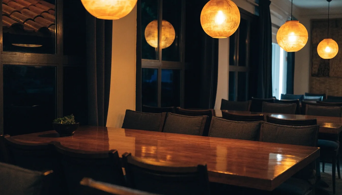 Warm dining room at night with lamps over wooden tables