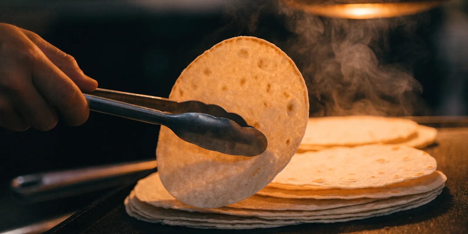 Fresh tortillas stacked under a warm lamp