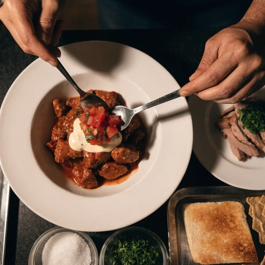 Hands building a customizable bowl on a dark counter