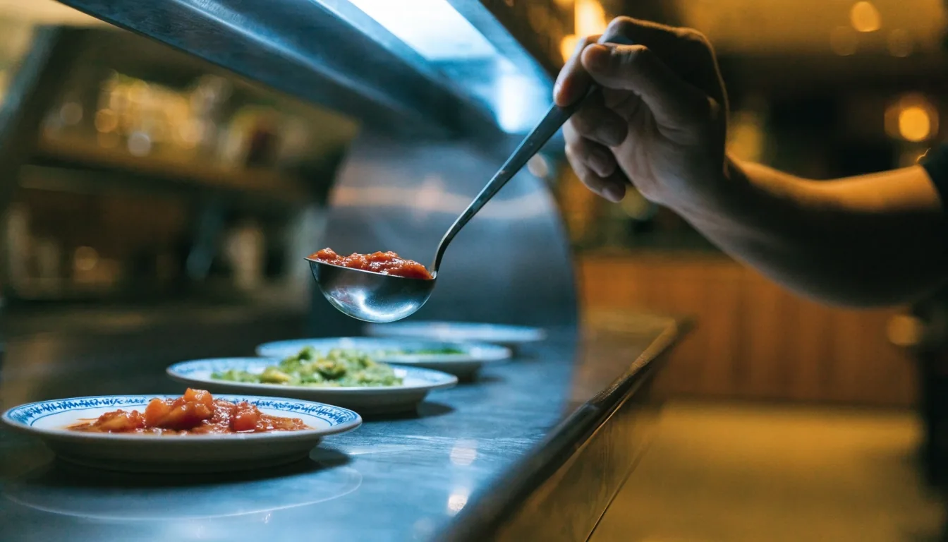 Salsa bar bowls under cool light with warm glow behind