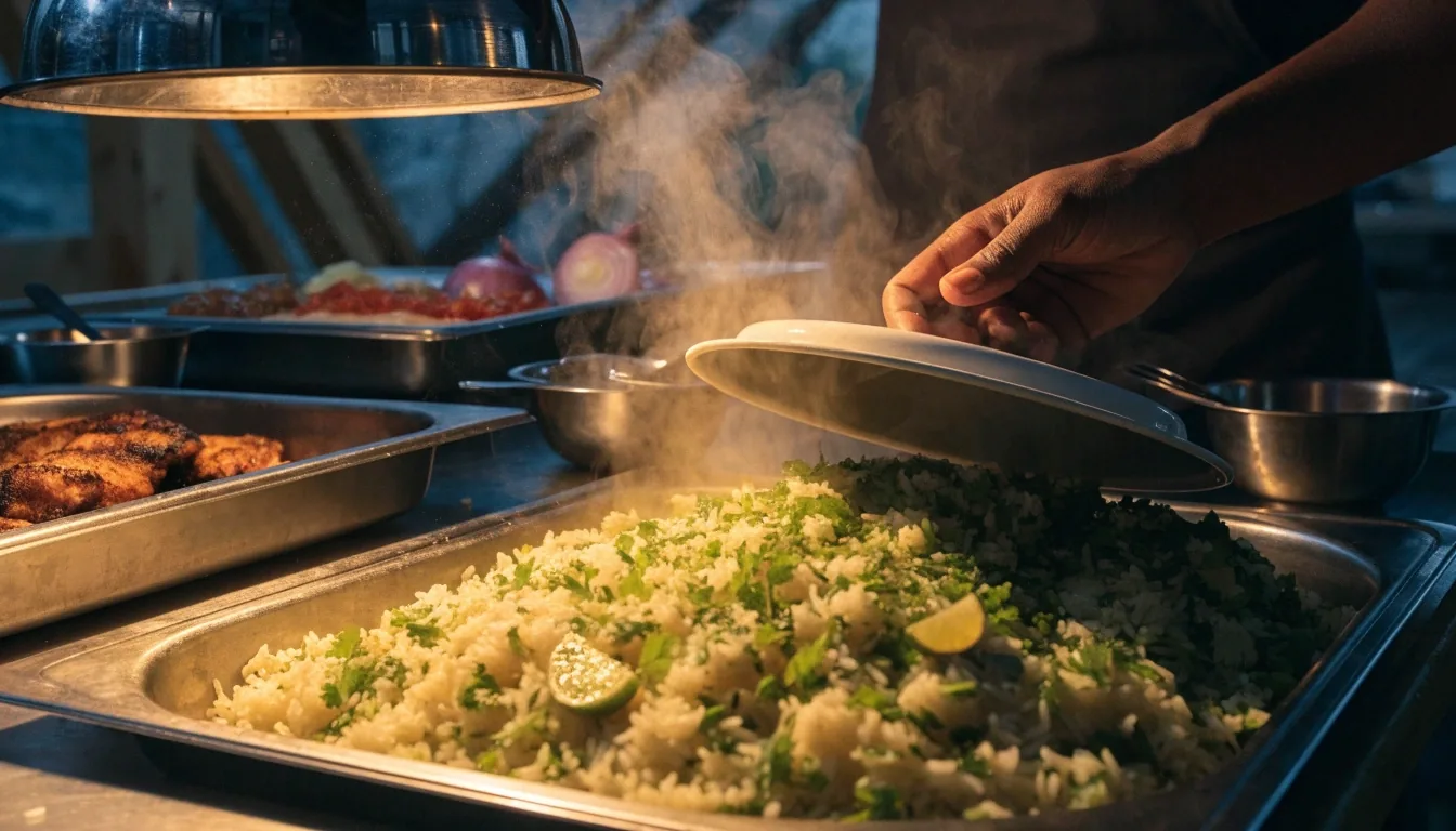 Self-serve catering trays under warm lamp
