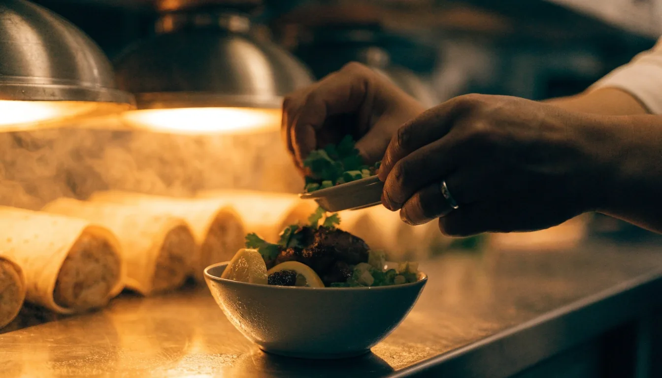 Dishes lined up under warm lamps on the Costa Vida pass