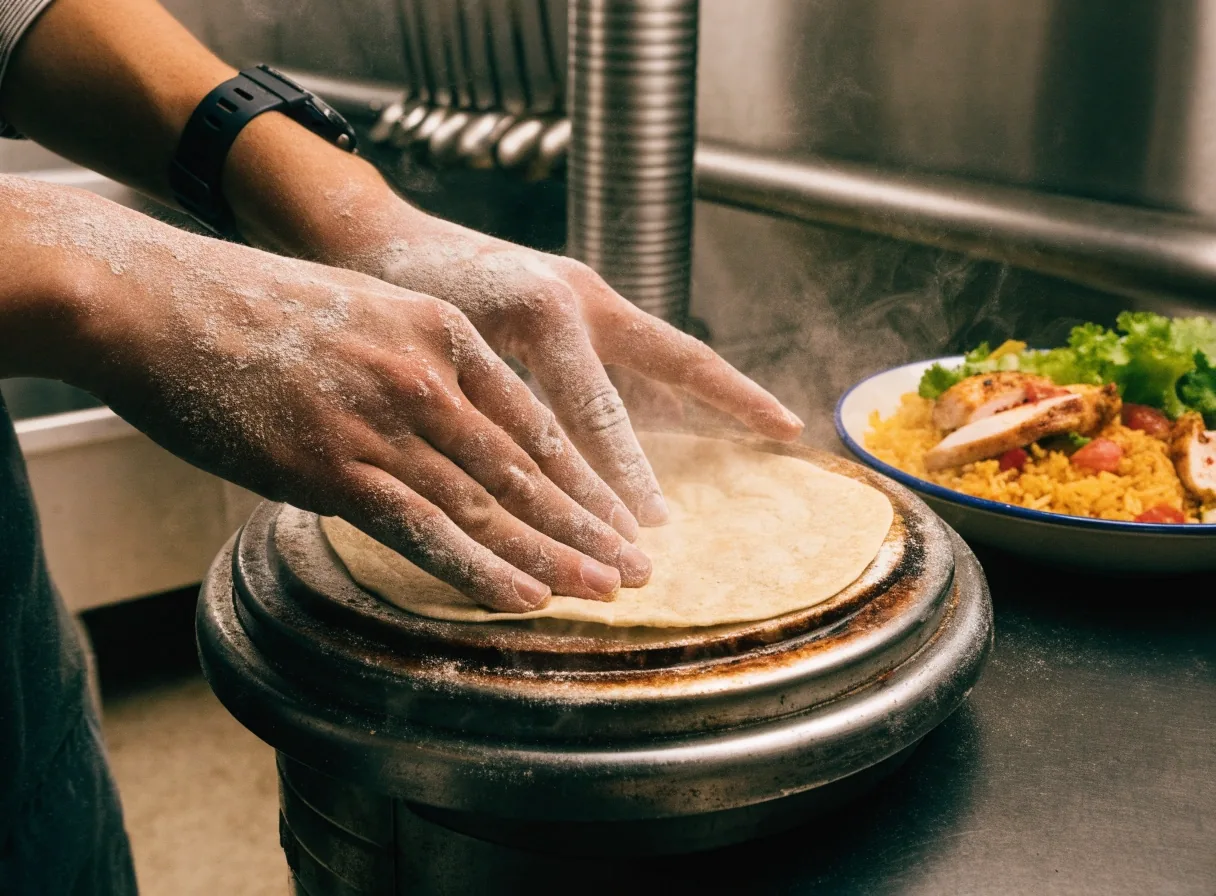 Fresh tortilla being pressed by hand