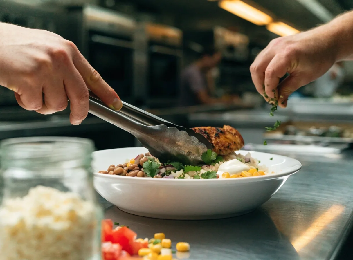 Grilled chicken baja bowl with rice and toppings