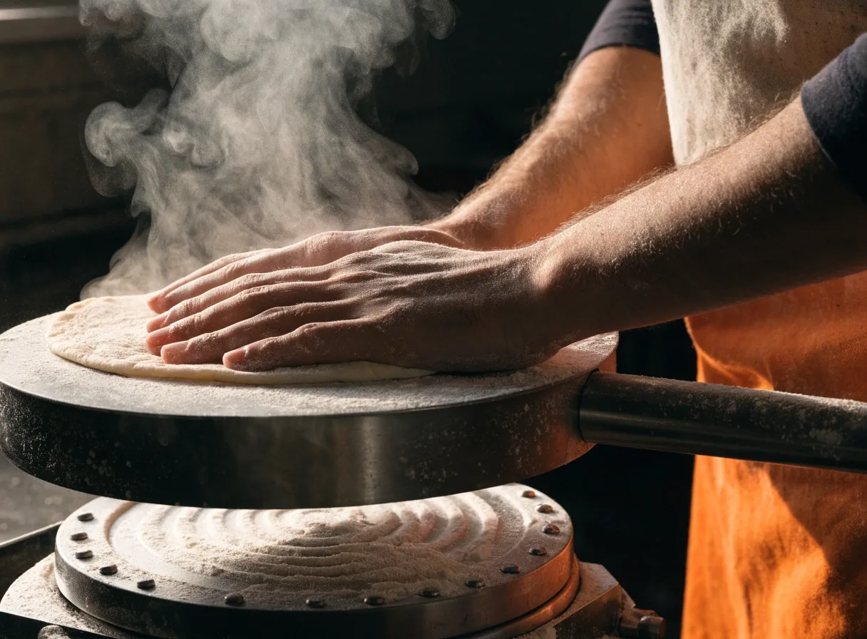 Hands pressing a fresh flour tortilla on a hot press