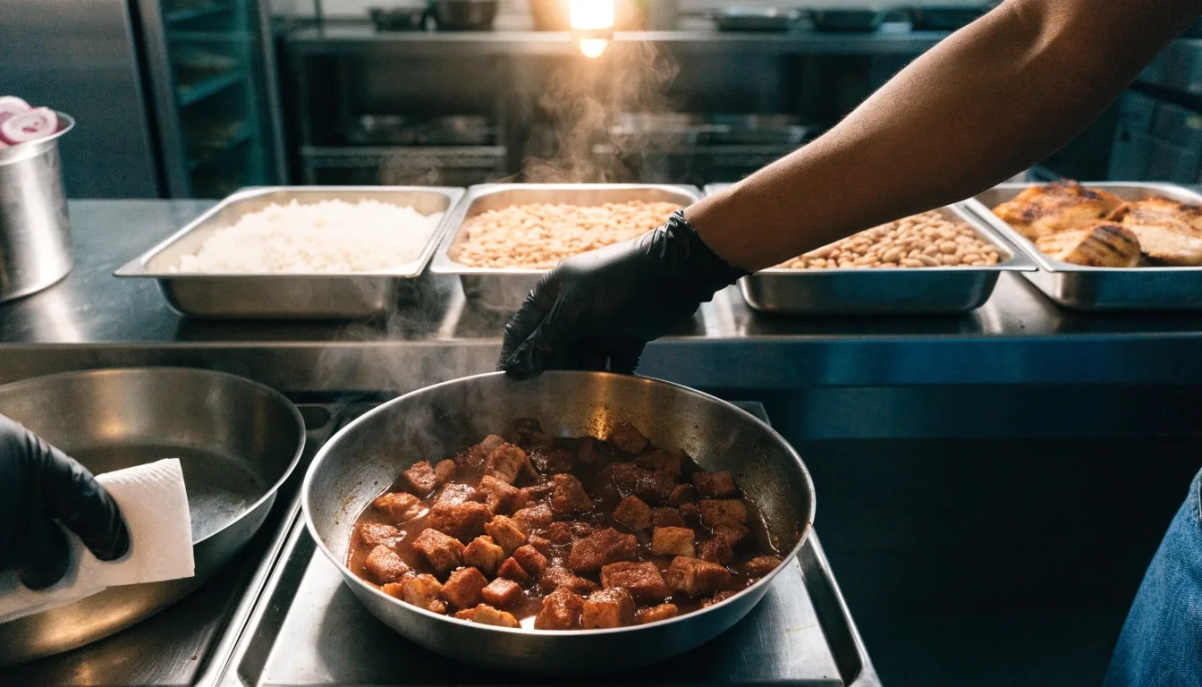 Made-to-order line with pans of rice beans and proteins being restocked