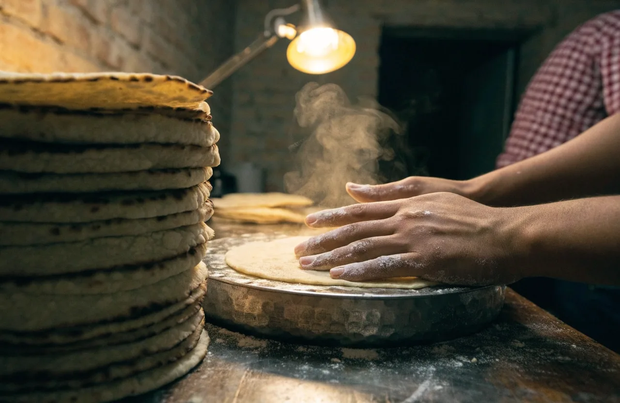 Stack of warm flour tortillas under a heat lamp