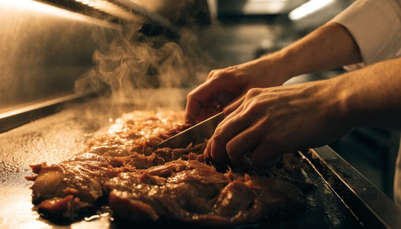 Sweet pork cooking on the line in warm stall light