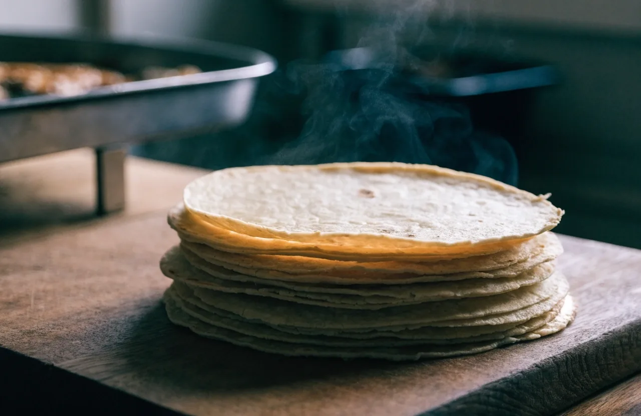 Hands pressing fresh tortilla dough on a dark counter