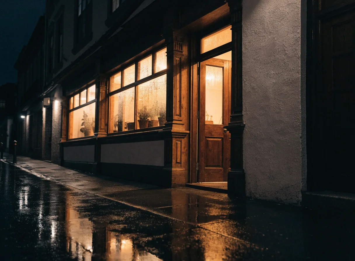 Costa Vida storefront glowing at night