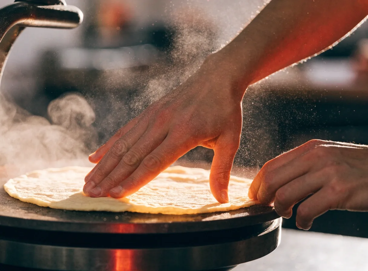 Hands pressing fresh tortillas in the Costa Vida kitchen